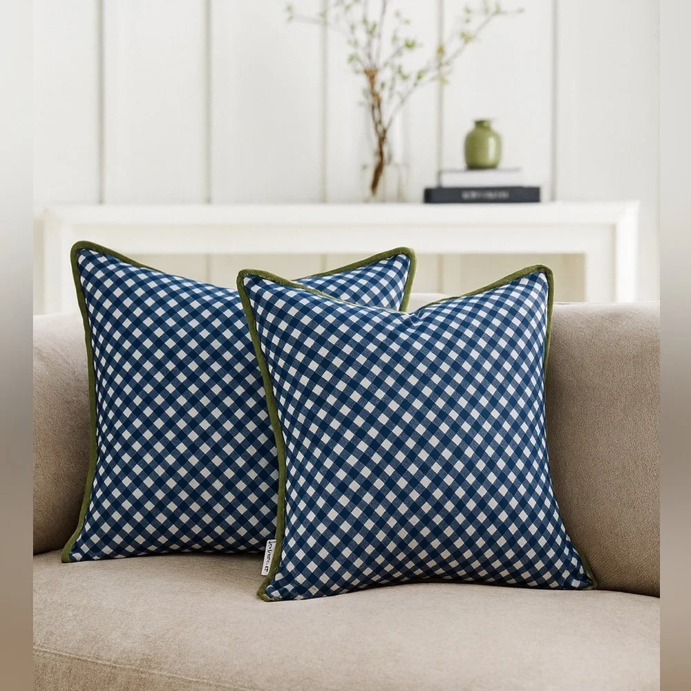 Pottery Barn Navy Gingham Throw Pillows with Green Trim – Set of 2 (18x18) - Picture 2 of 10